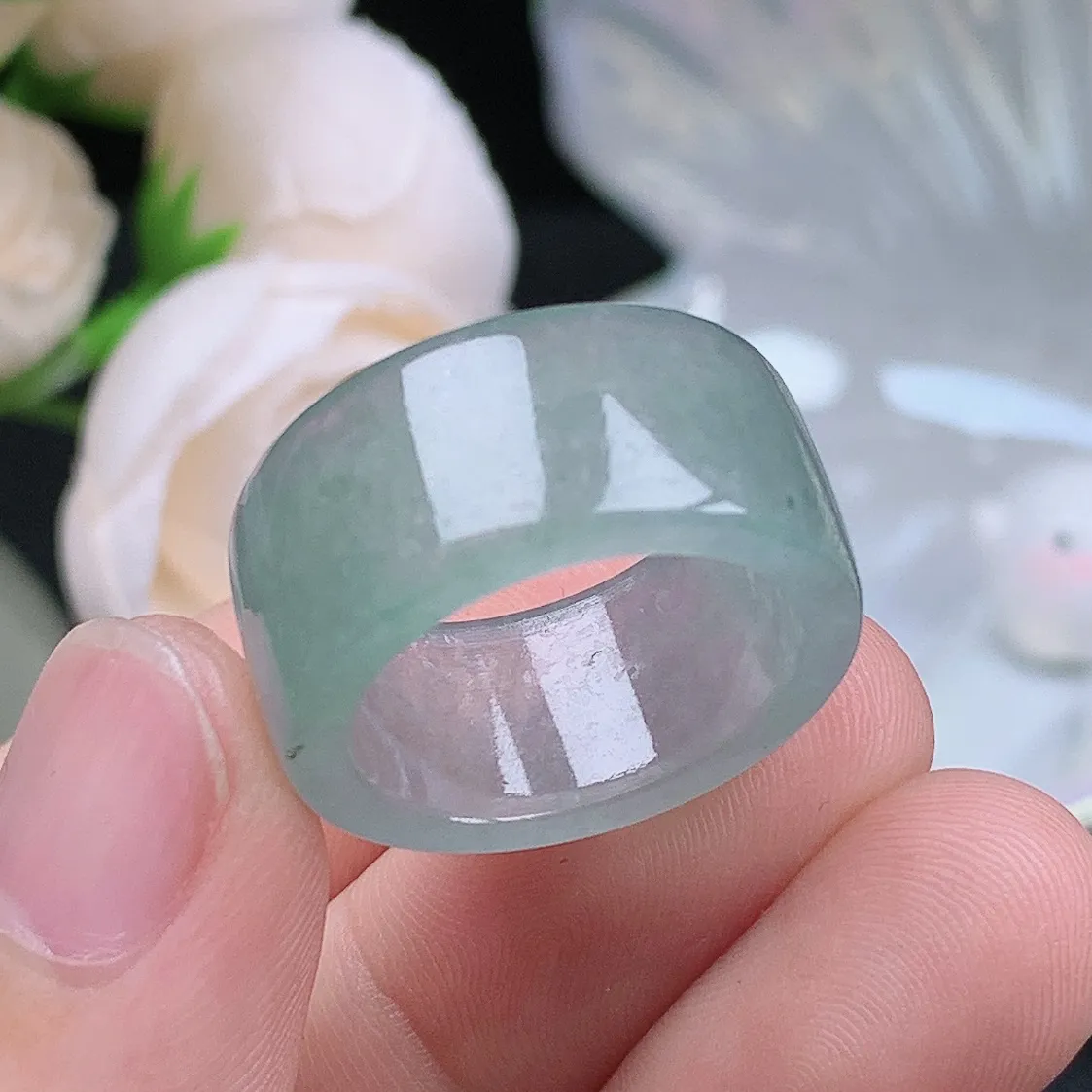 缅甸老坑冰种翡翠水润起胶晴底扳指方戒玉指环  水润通透 尺寸：18.2-10.4-3.2mm 16-17号圈口5S