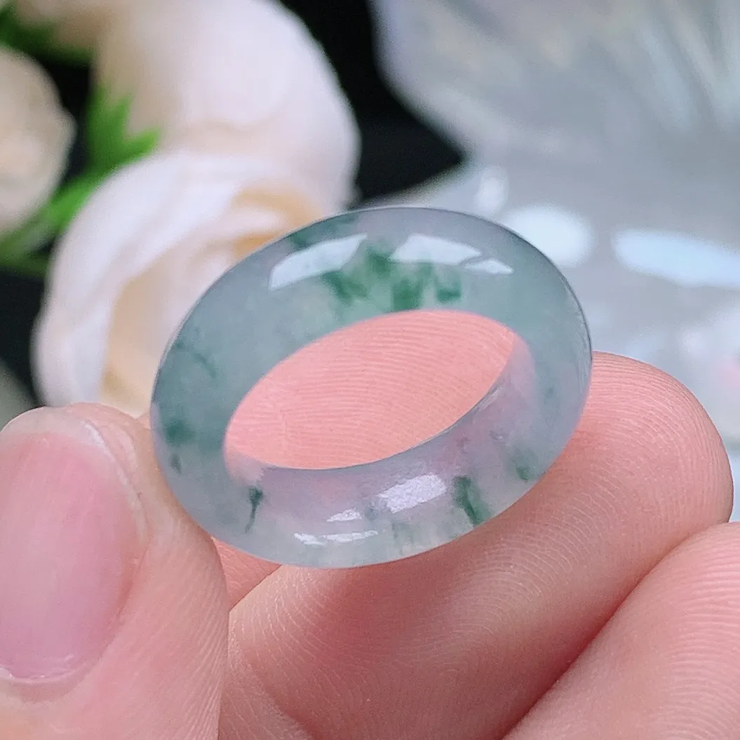 缅甸翡翠老坑冰种翡翠水润起胶小圈口飘花戒指玉指环  水润通透 尺寸：15.1-6.1-3.7mm 9