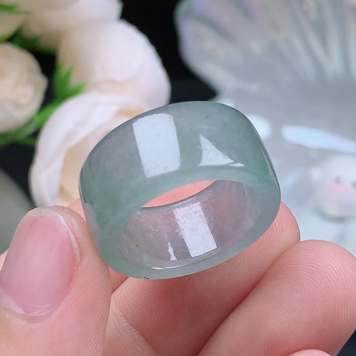 缅甸老坑冰种翡翠水润起胶晴底扳指方戒玉指环  水润通透 尺寸：18.2-10.4-3.2mm 16-