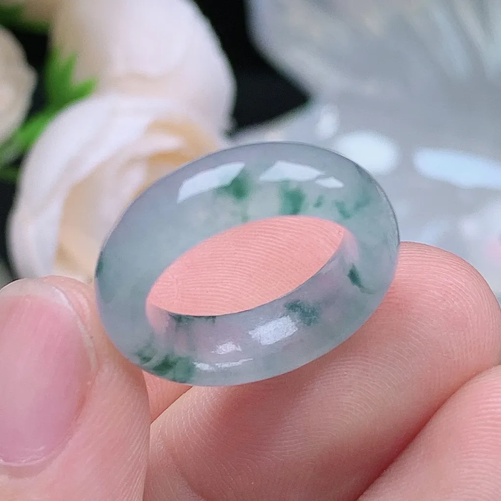 缅甸翡翠老坑冰种翡翠水润起胶小圈口飘花戒指玉指环  水润通透 尺寸：15.1-6.1-3.7mm 9