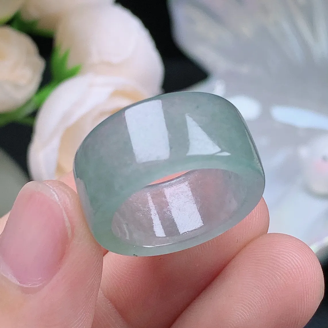 缅甸老坑冰种翡翠水润起胶晴底扳指方戒玉指环  水润通透 尺寸：18.2-10.4-3.2mm 16-17号圈口5S