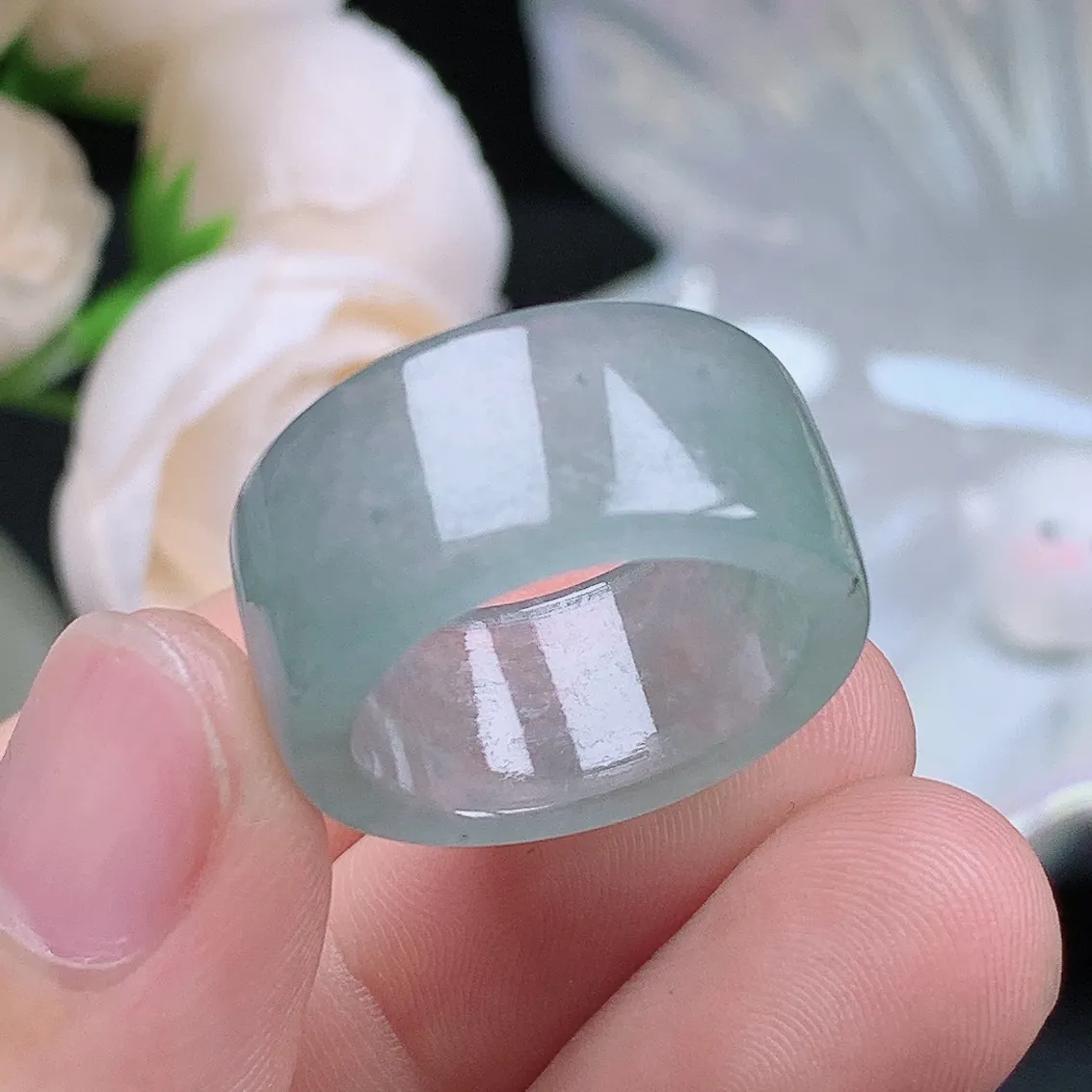 缅甸老坑冰种翡翠水润起胶晴底扳指方戒玉指环  水润通透 尺寸：18.2-10.4-3.2mm 16-17号圈口5S