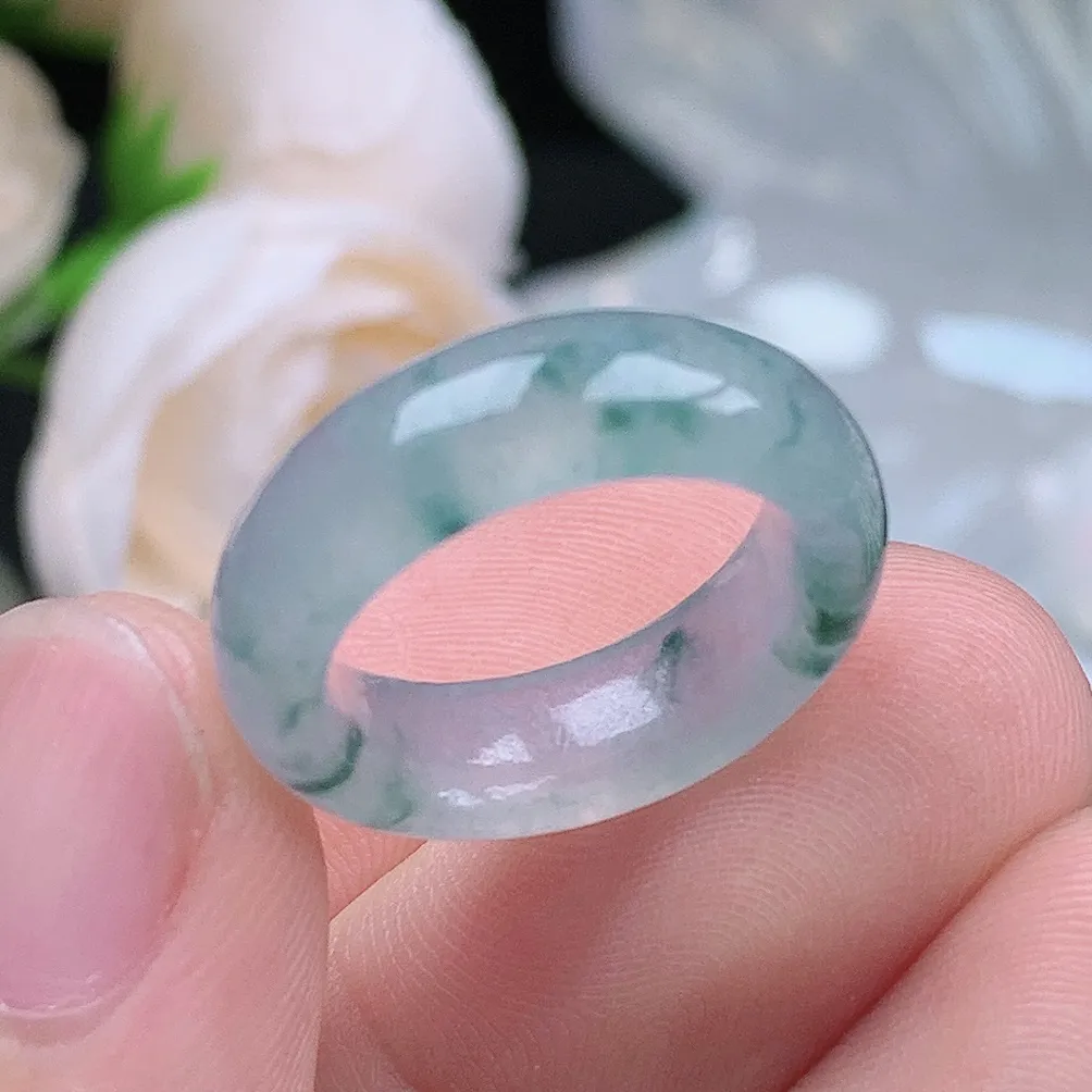 缅甸翡翠老坑冰种翡翠水润起胶小圈口飘花戒指玉指环  水润通透 尺寸：15.1-6.1-3.7mm 9号圈口5S
