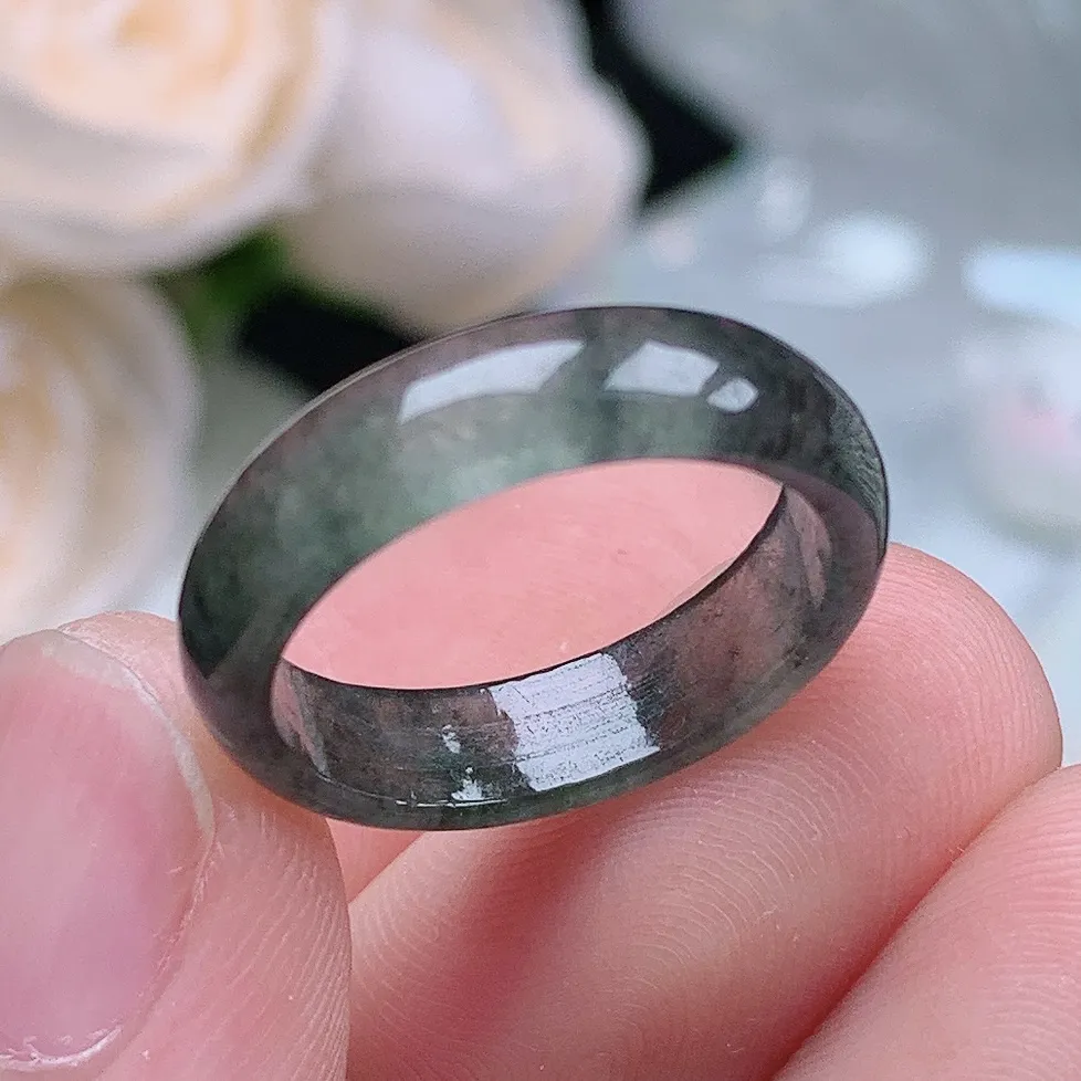 缅甸老坑冰种翡翠水润起胶细条冰乌鸡戒指玉指环  水润通透 尺寸：17.3-5-2.5mm 14-15