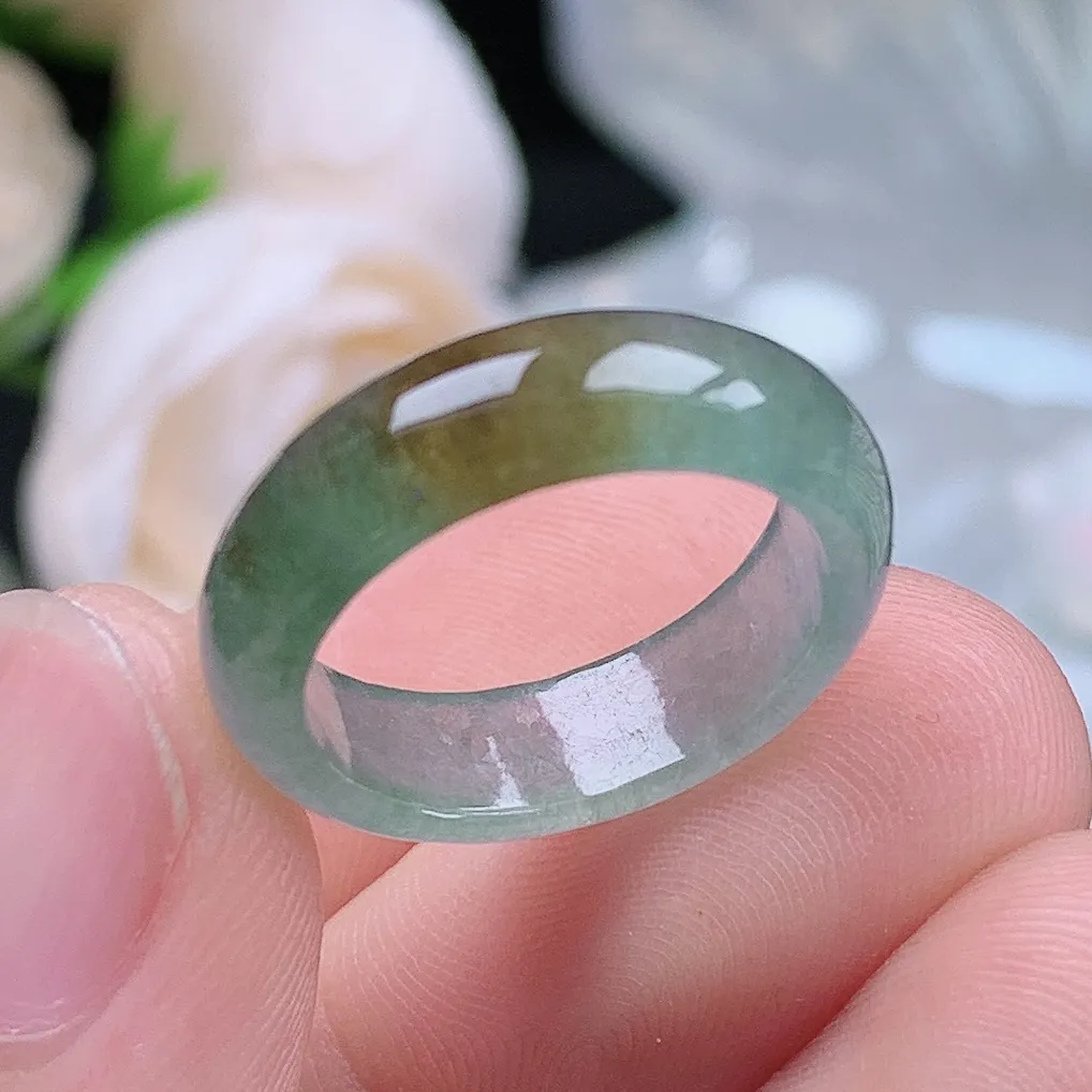 缅甸老坑冰种翡翠水润起胶双彩飘黄翡戒指玉指环  水润通透 尺寸：16.5-5.6-2.9mm 12号