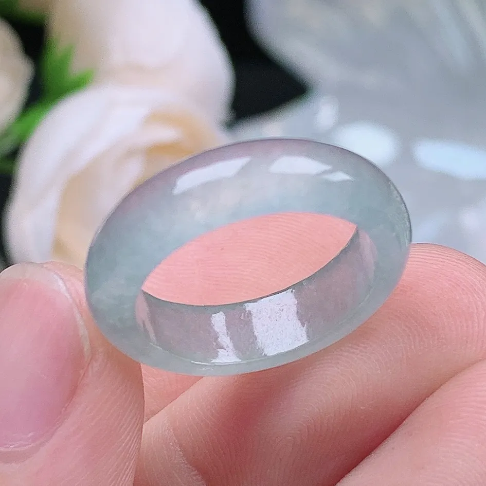 缅甸翡翠老坑冰种翡翠水润起胶晴底半山水戒指玉指环  水润通透 尺寸：17.2-5.7-3mm 14-