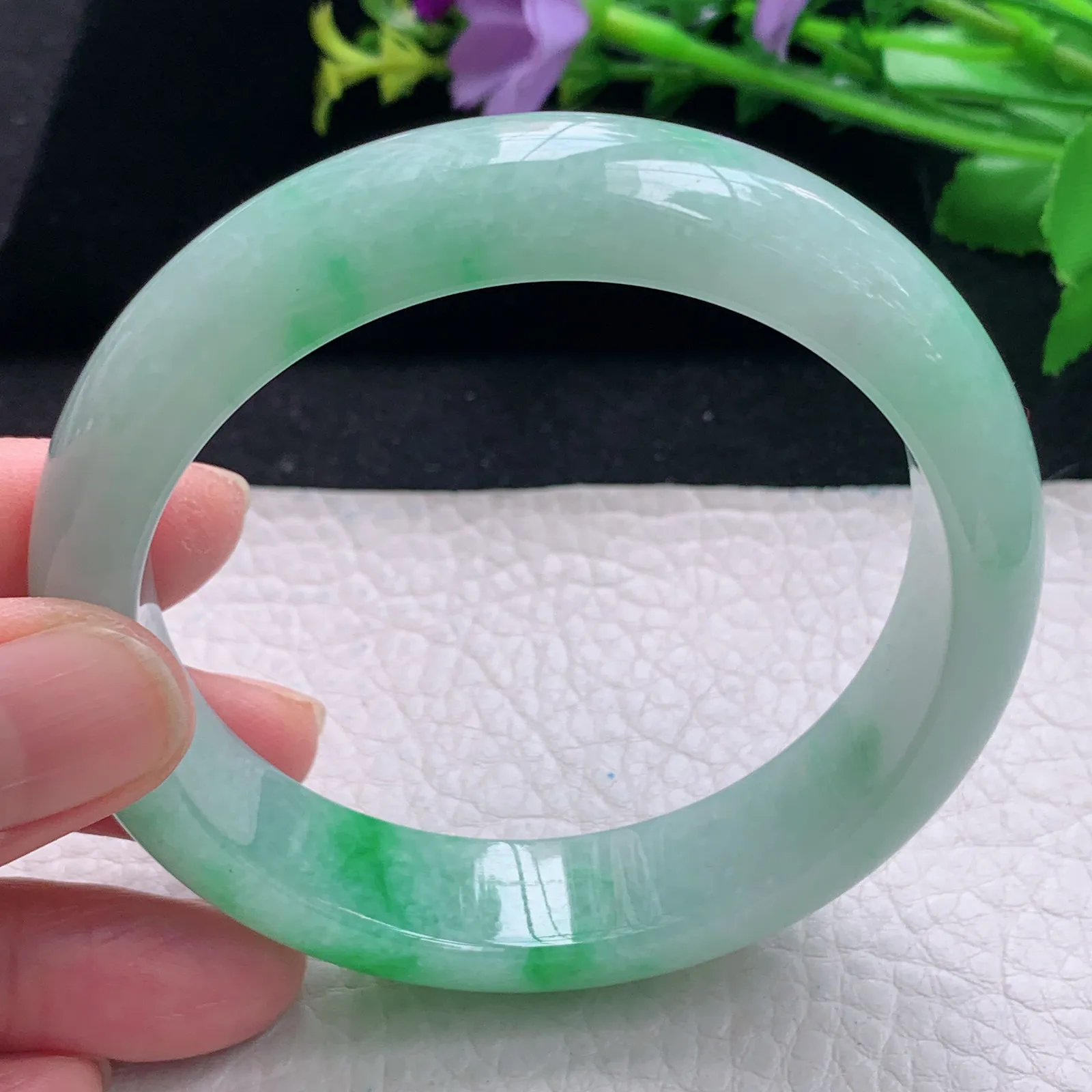 js大圈口60*14.5*8.3平安镯 缅甸翡翠a货手镯飘阳绿宽边玉手环