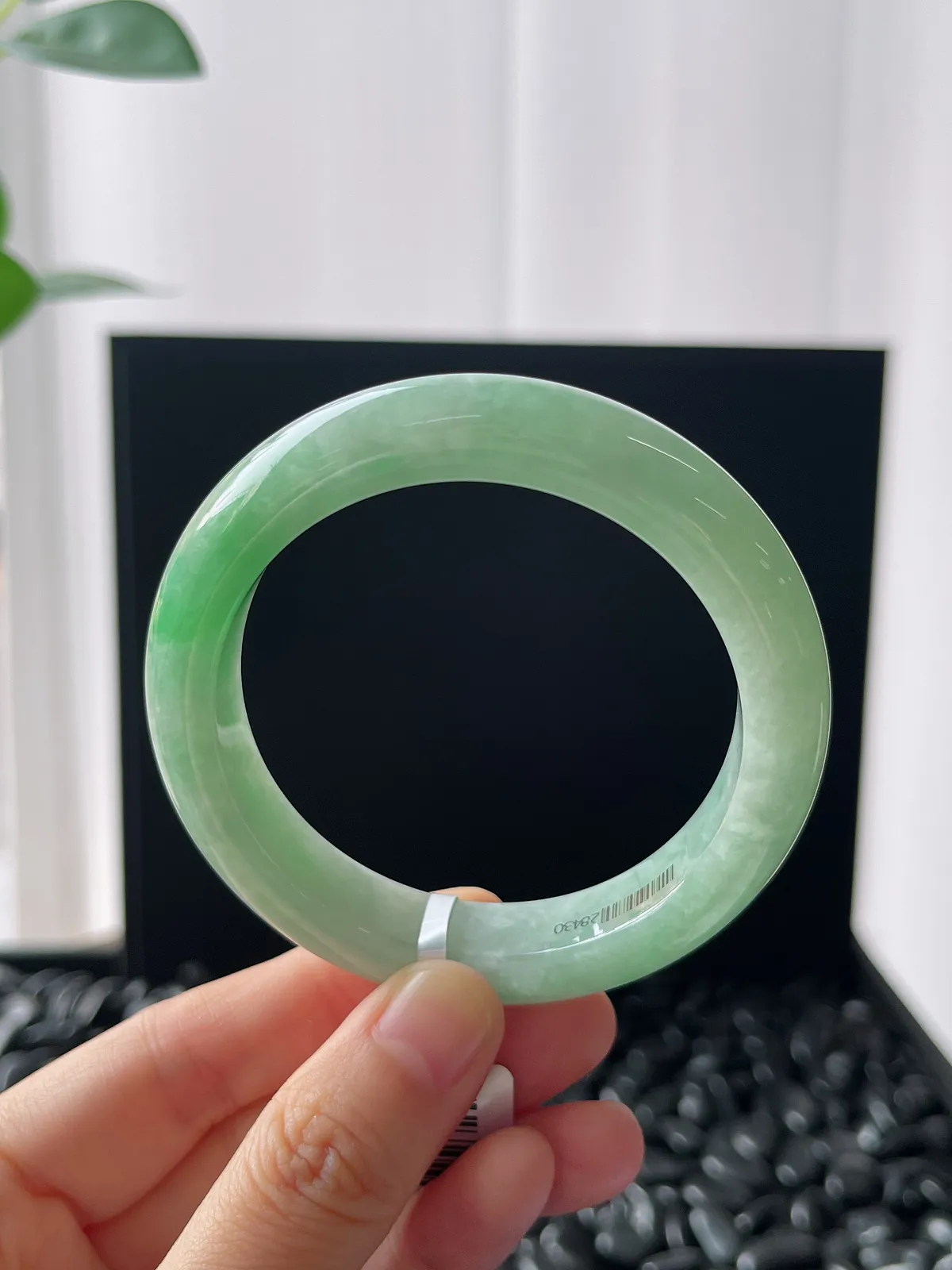 正圈53.5圈口，翡翠糯化种淡绿色手镯