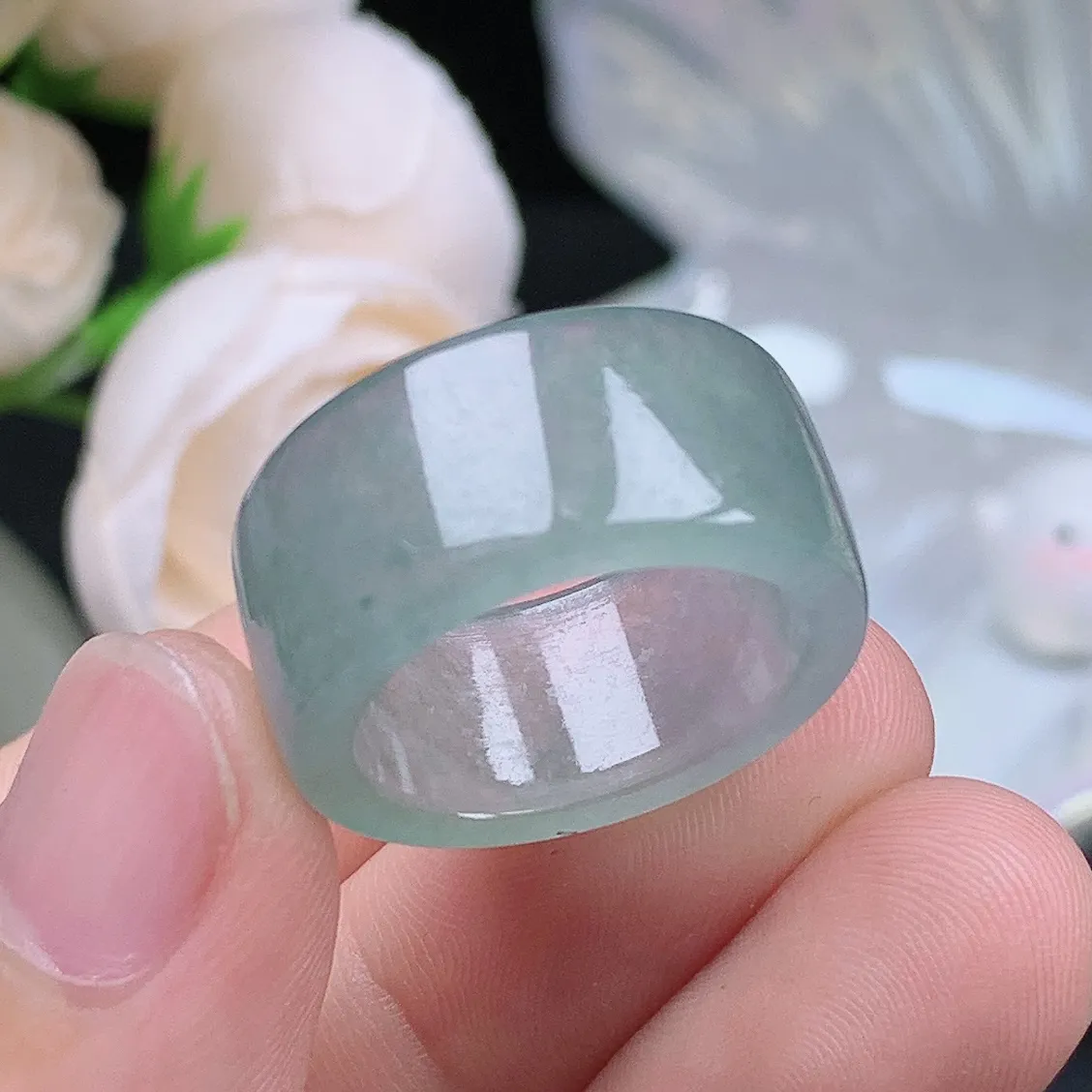 缅甸老坑冰种翡翠水润起胶晴底扳指方戒玉指环  水润通透 尺寸：18.2-10.4-3.2mm 16-17号圈口5S