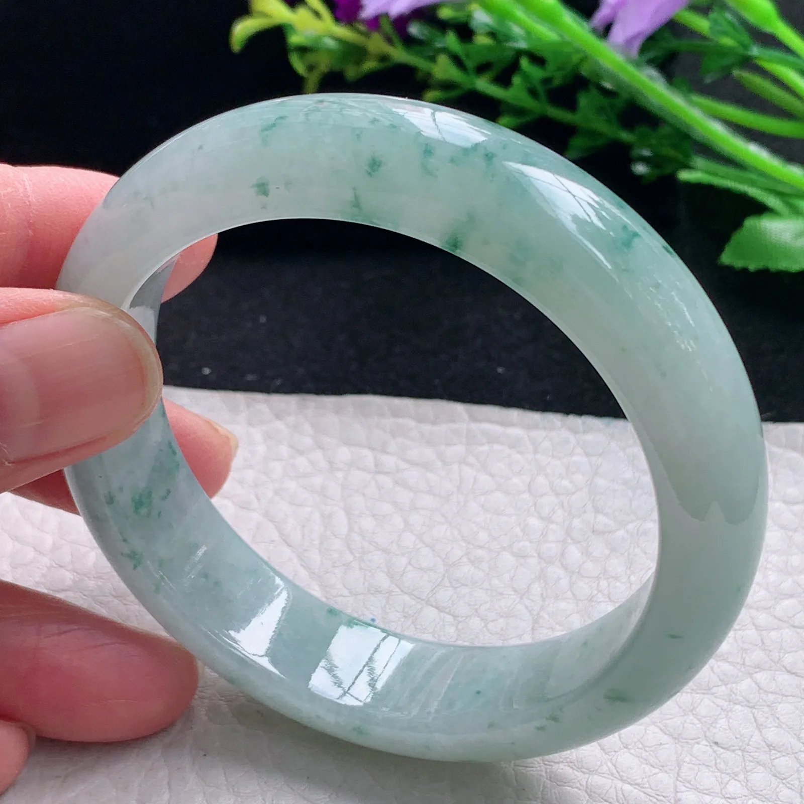 jl自然光56*14.5*8.6平安镯 缅甸翡翠a货手镯冰飘花宽边玉手环