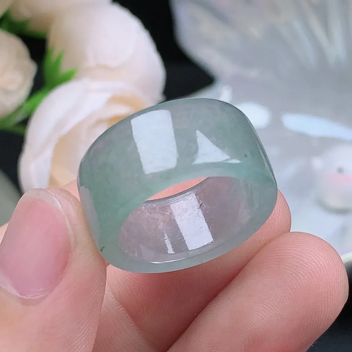 缅甸老坑冰种翡翠水润起胶晴底扳指方戒玉指环  水润通透 尺寸：18.2-10.4-3.2mm 16-17号圈口5S