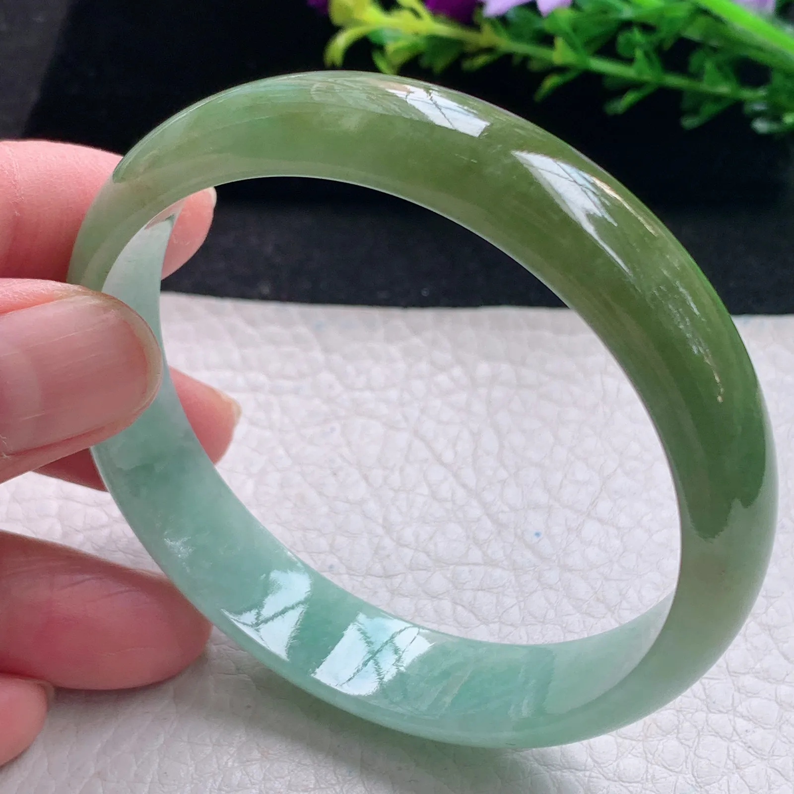 js自然光58*13*6平安镯 缅甸翡翠a货手镯双彩宽边玉手环