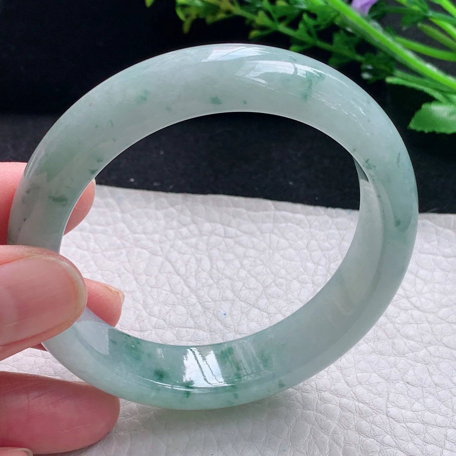 jl自然光56*14.5*8.6平安镯 缅甸翡翠a货手镯冰飘花宽边玉手环