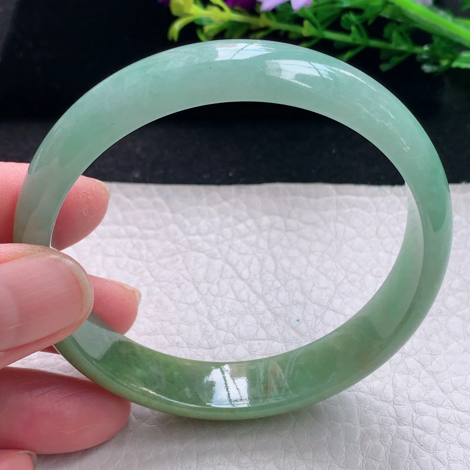 js自然光58*13*6平安镯 缅甸翡翠a货手镯双彩宽边玉手环