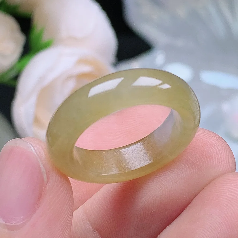 缅甸老坑冰种翡翠水润起胶冰黄翡戒指玉指环  水润通透 尺寸：17.6-6.2-3.7mm 15-16