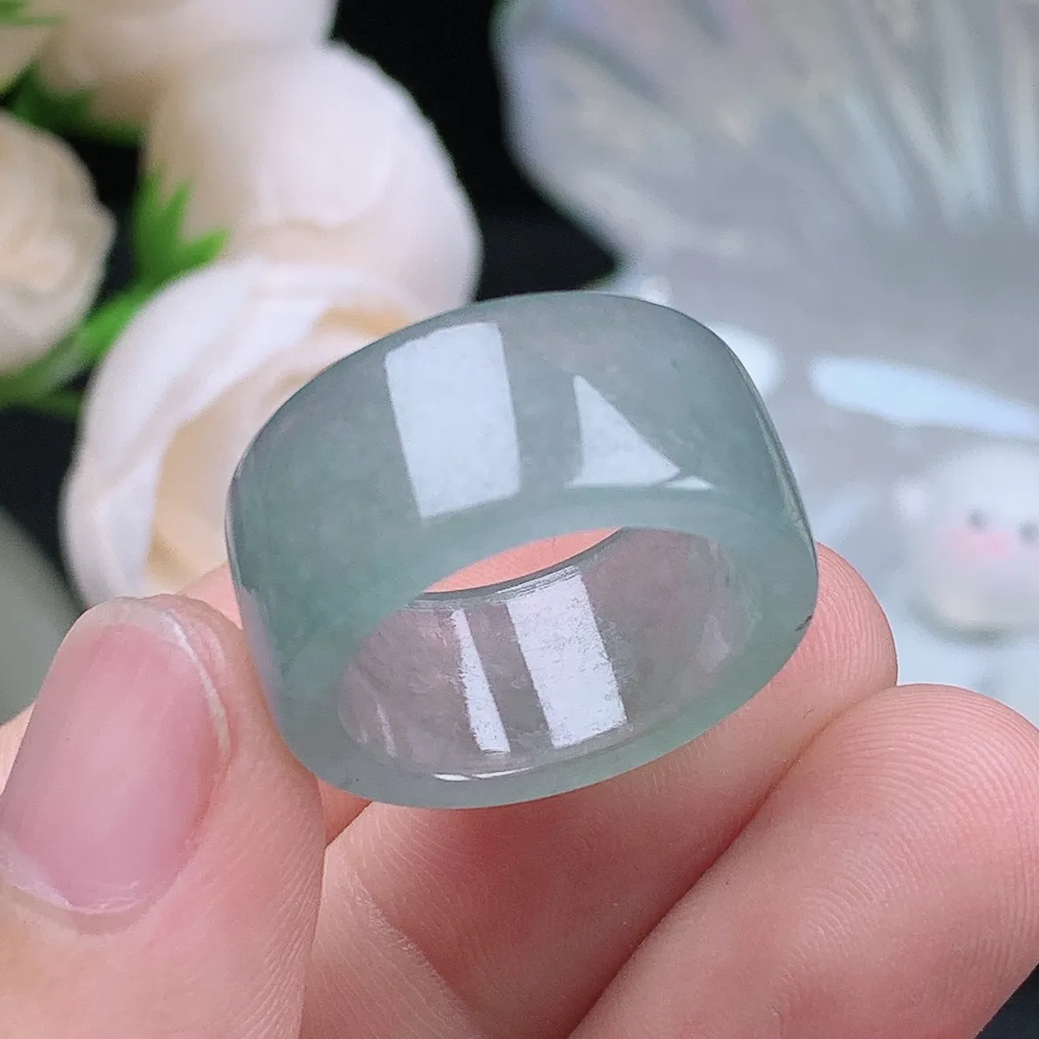 缅甸老坑冰种翡翠水润起胶晴底扳指方戒玉指环  水润通透 尺寸：18.2-10.4-3.2mm 16-17号圈口5S