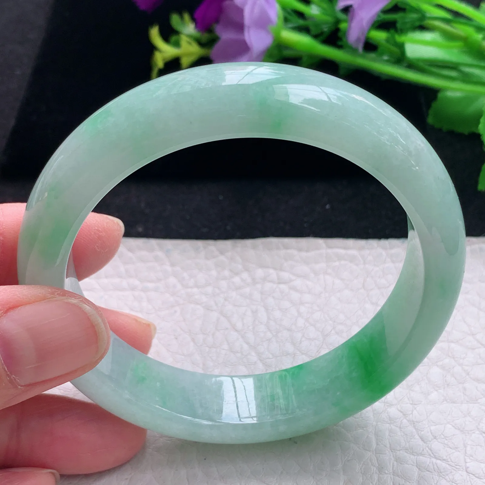 js大圈口60*14.5*8.3平安镯 缅甸翡翠a货手镯飘阳绿宽边玉手环