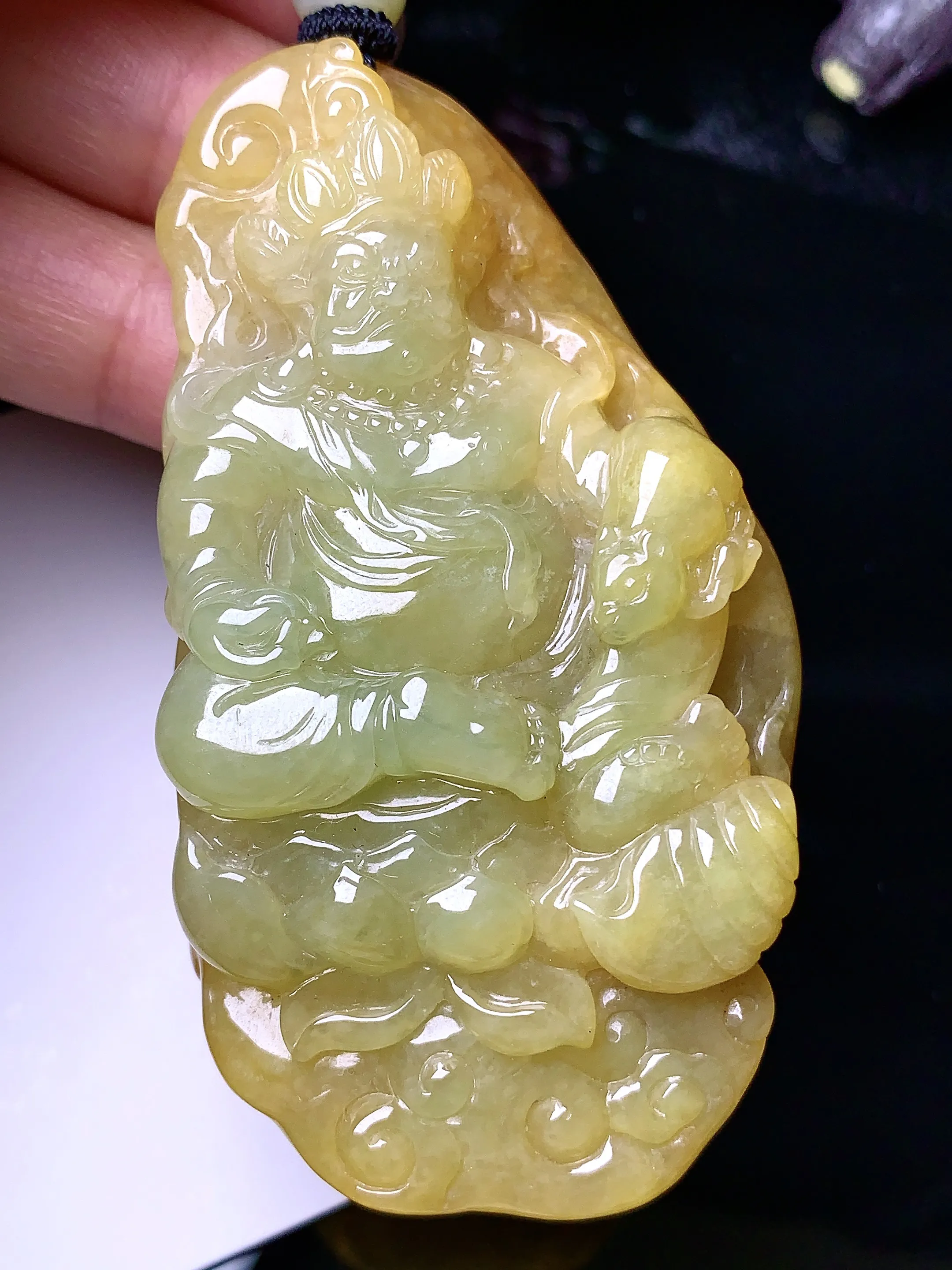 黄翡黄财神吊坠 玉质细腻 色泽清新艳丽 整体尺寸70.2*38.8*16.8