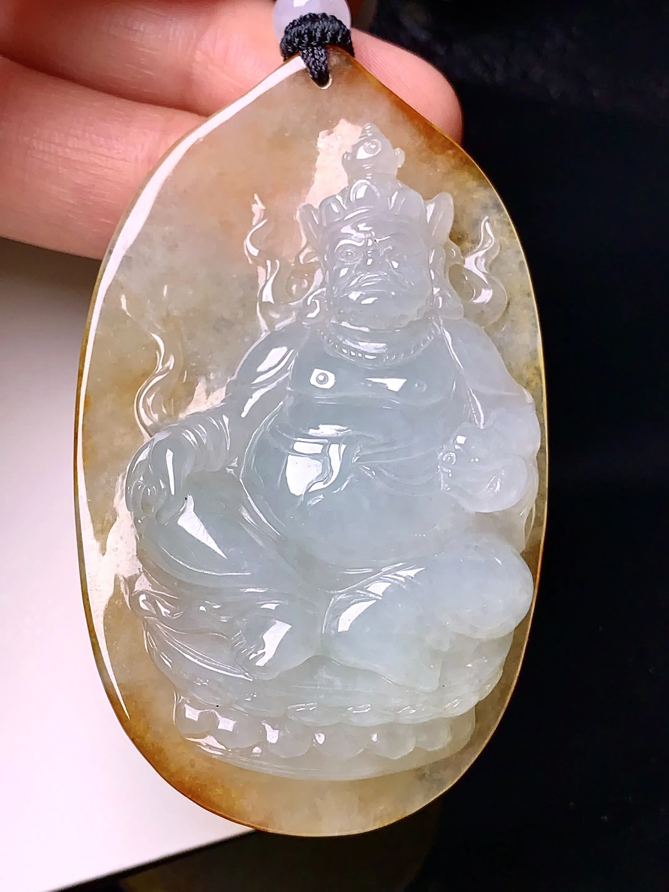 黄翡黄财神吊坠 玉质细腻 色泽清新艳丽 整体尺寸63.8*38.3*12.2