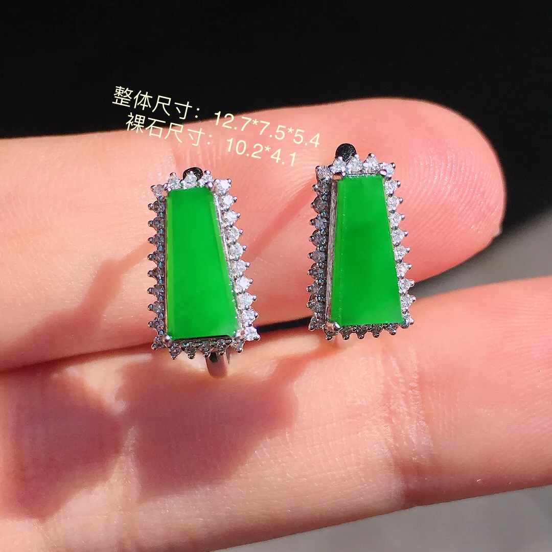 阳绿马鞍耳钉，色泽均匀艳丽，玉质细腻，荧光感超
强，饱满圆润，尽显优雅气质，18k
金豪华镶嵌