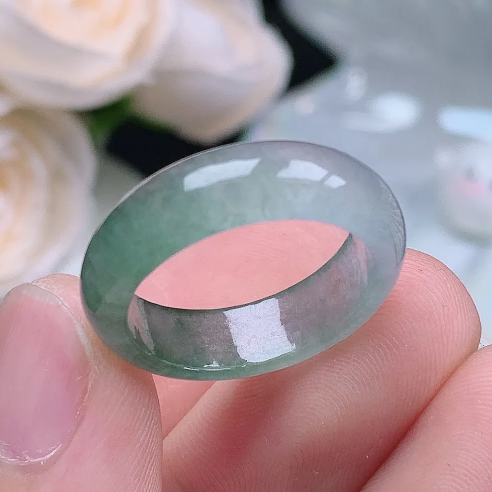 缅甸老坑冰种翡翠水润起胶晴底半山水戒指玉指环  水润通透 尺寸：17.8-6.1-3.2mm 16号圈口6S