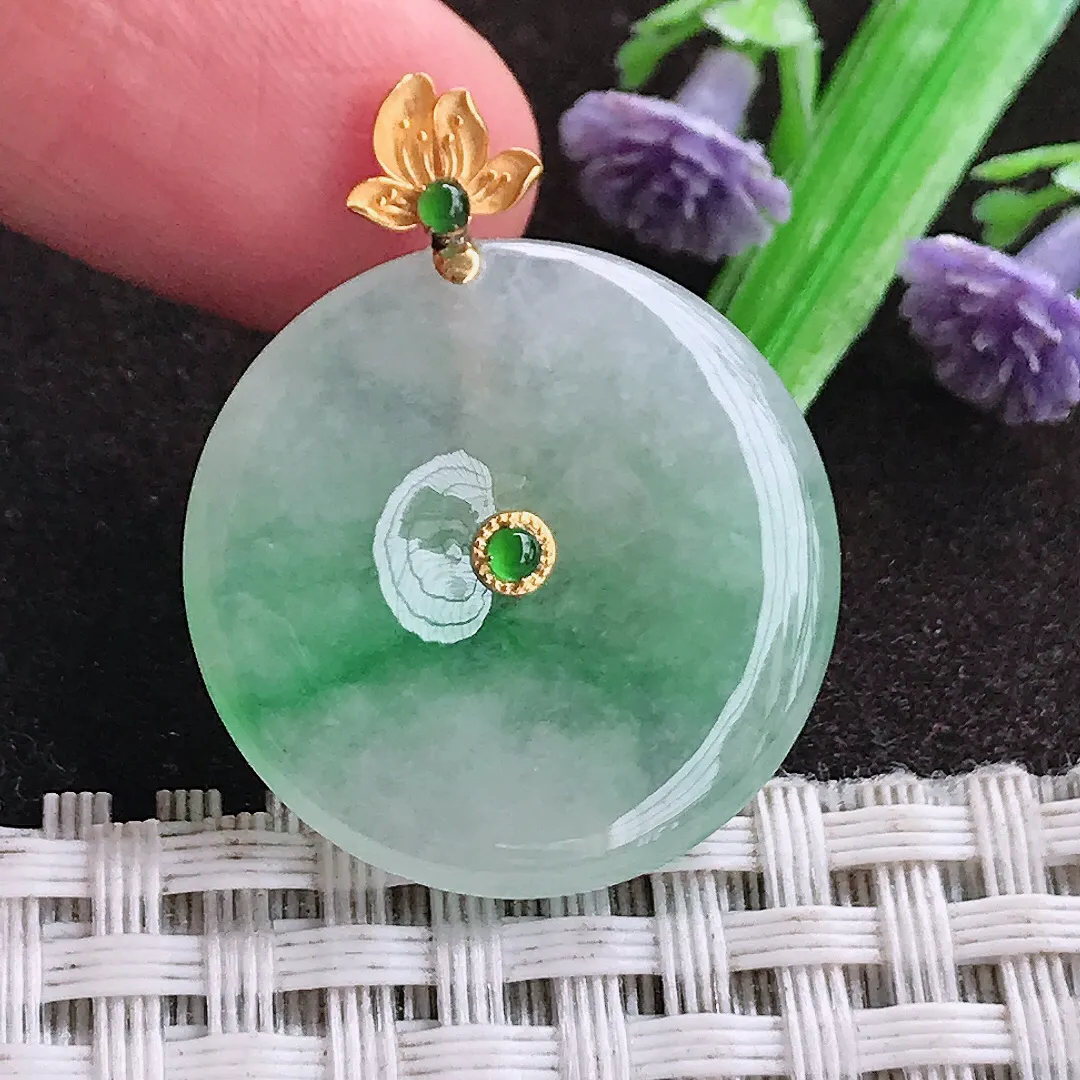 天然a货翡翠24.4/3.8老坑18k金镶嵌冰润飘绿平安扣吊坠天然翡翠玉坠挂件