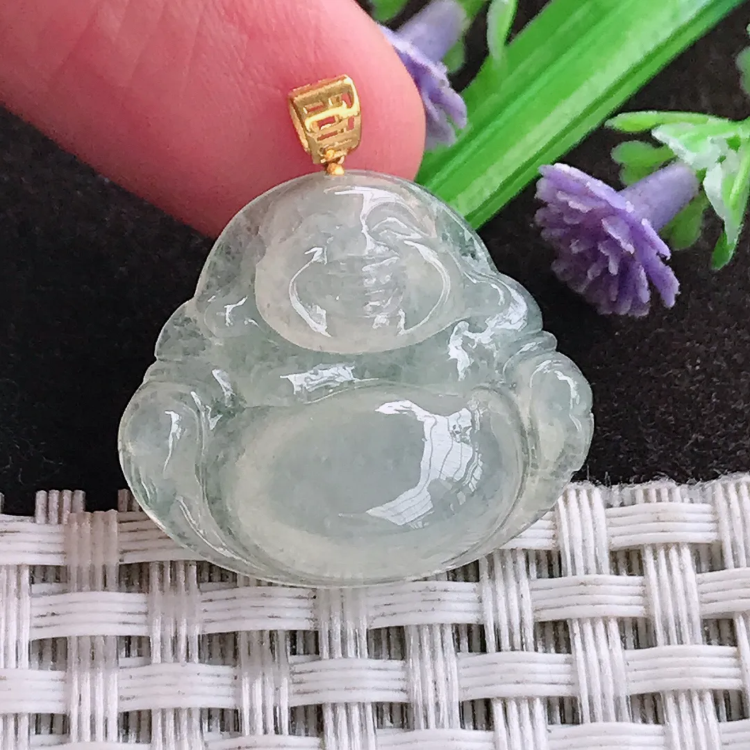 天然a货翡翠20.8/24/5.7老坑18k金镶嵌冰透起胶佛公吊坠天然翡翠玉佛挂件