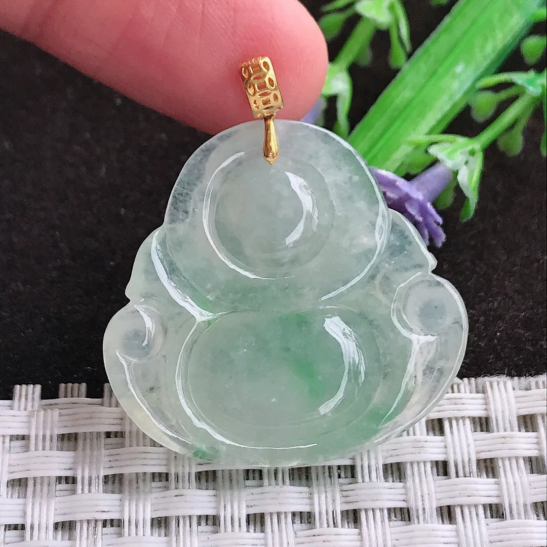 天然a货翡翠30/31.8/5.7老坑18k金镶嵌冰胶水灵飘绿佛公吊坠天然翡翠玉坠挂件