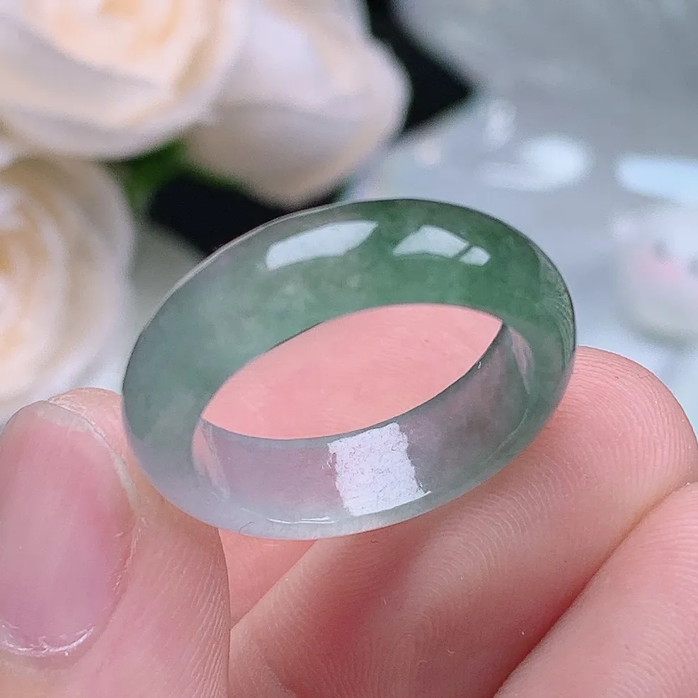 缅甸老坑冰种翡翠水润起胶晴底半山水戒指玉指环  水润通透 尺寸：17.8-6.1-3.2mm 16号圈口6S