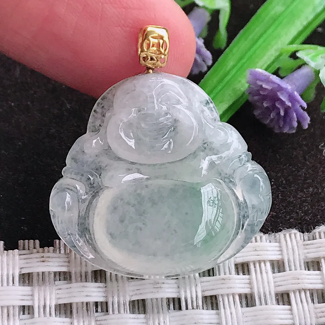 天然a货翡翠23.5/25.2/5.6老坑18k金镶嵌冰种佛公吊坠天然翡翠玉佛挂件