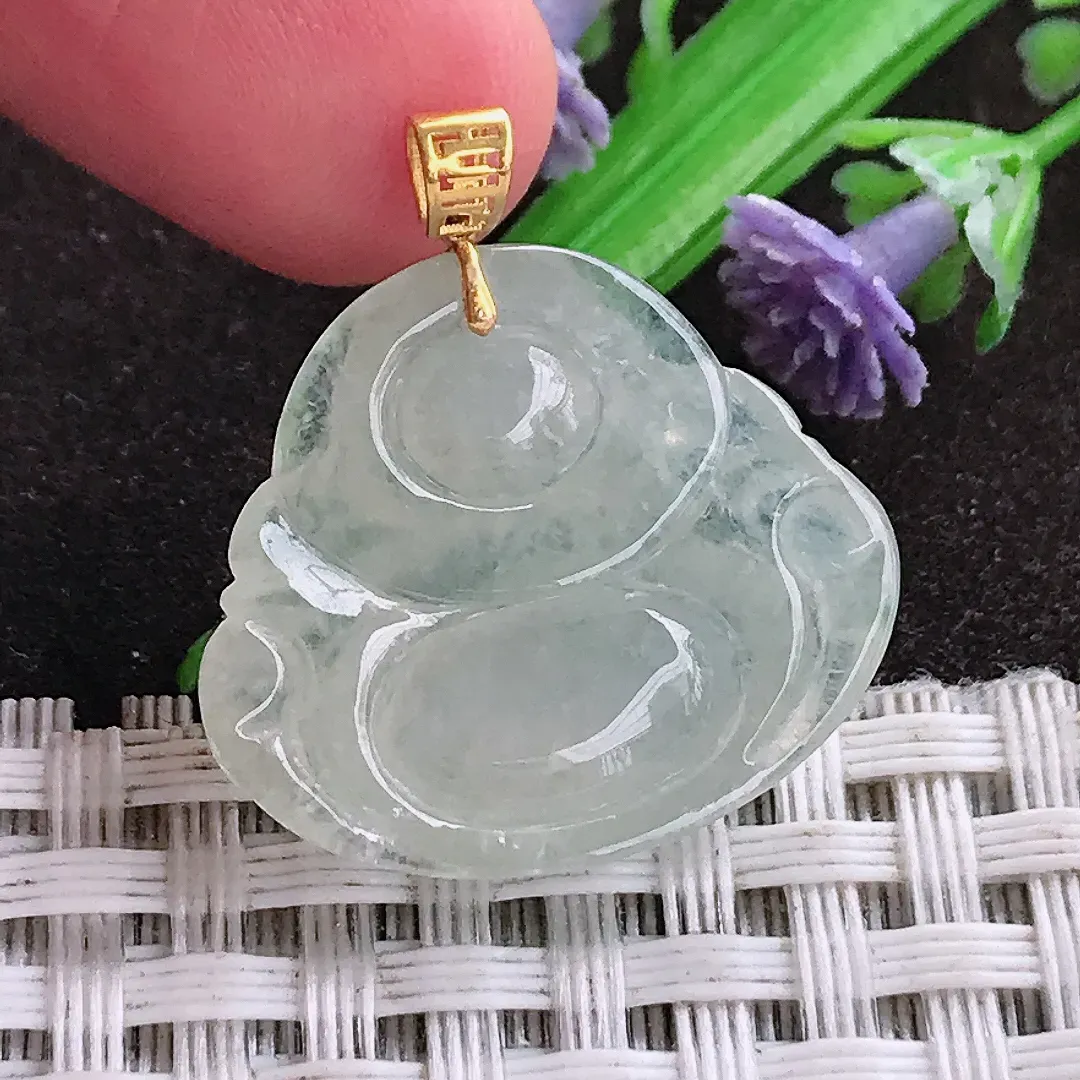 天然a货翡翠20.8/24/5.7老坑18k金镶嵌冰透起胶佛公吊坠天然翡翠玉佛挂件