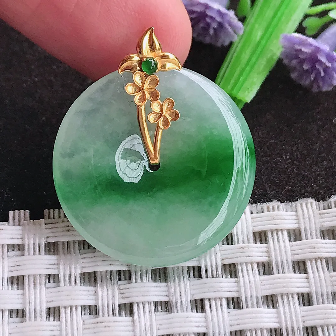 天然a货翡翠23.7/3.6老坑18k金镶嵌冰胶飘阳绿平安扣吊坠天然翡翠玉扣挂件