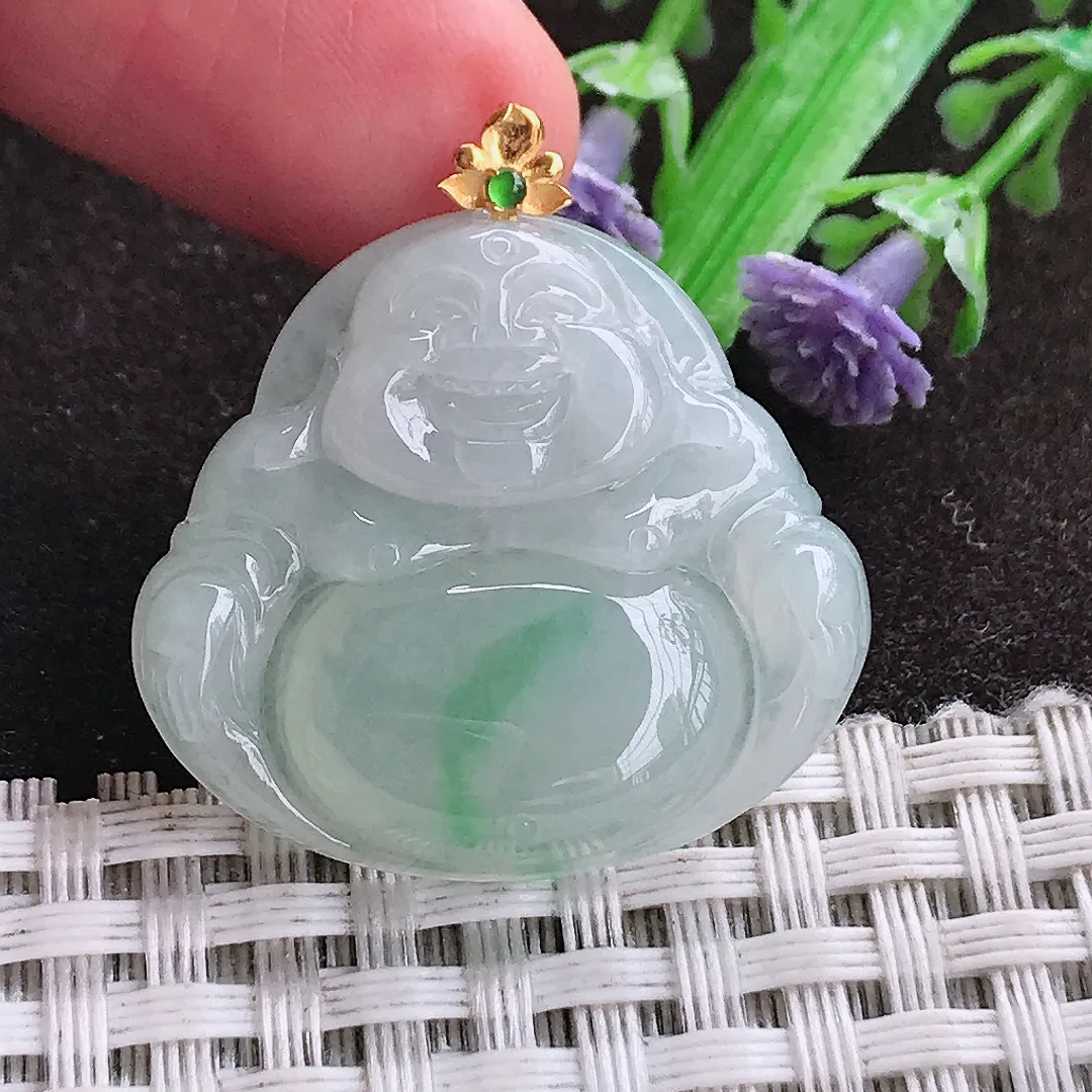 天然a货翡翠27.2/29.8/5.5老坑18k金镶嵌冰润飘花佛公吊坠天然翡翠玉佛挂件