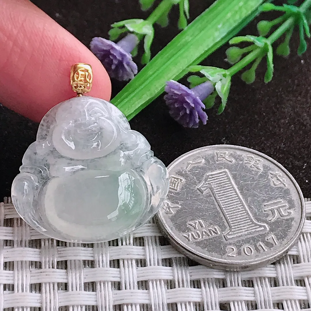 天然a货翡翠23.5/25.2/5.6老坑18k金镶嵌冰种佛公吊坠天然翡翠玉佛挂件