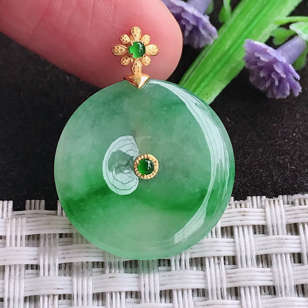 天然a货翡翠22.6/3.7老坑18k金镶嵌冰胶辣阳绿平安扣吊坠天然翡翠玉扣挂件