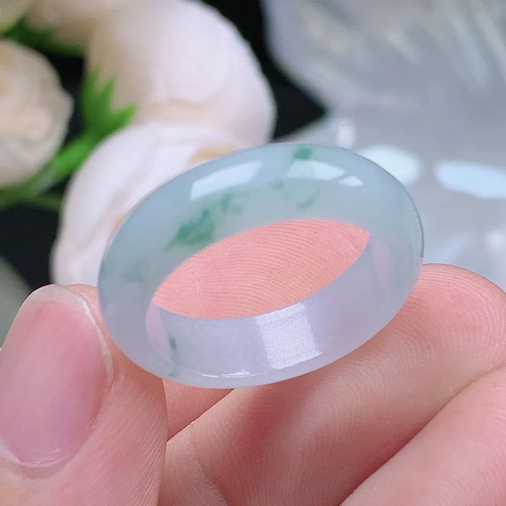 缅甸老坑种翡翠水润飘花戒指玉指环  水润通透 尺寸：18.1-5.8-3mm 17号圈口6S