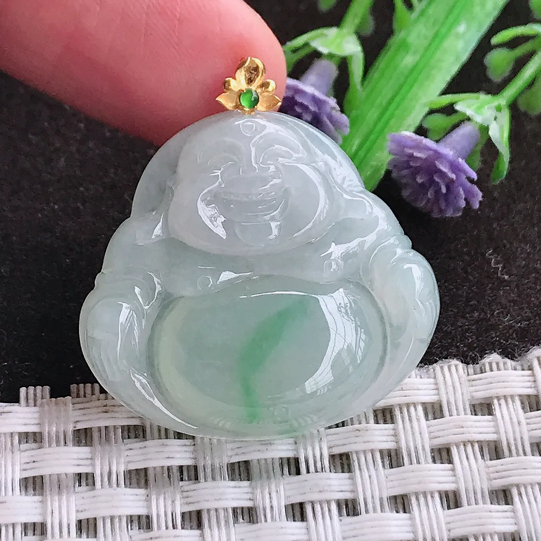 天然a货翡翠27.2/29.8/5.5老坑18k金镶嵌冰润飘花佛公吊坠天然翡翠玉佛挂件