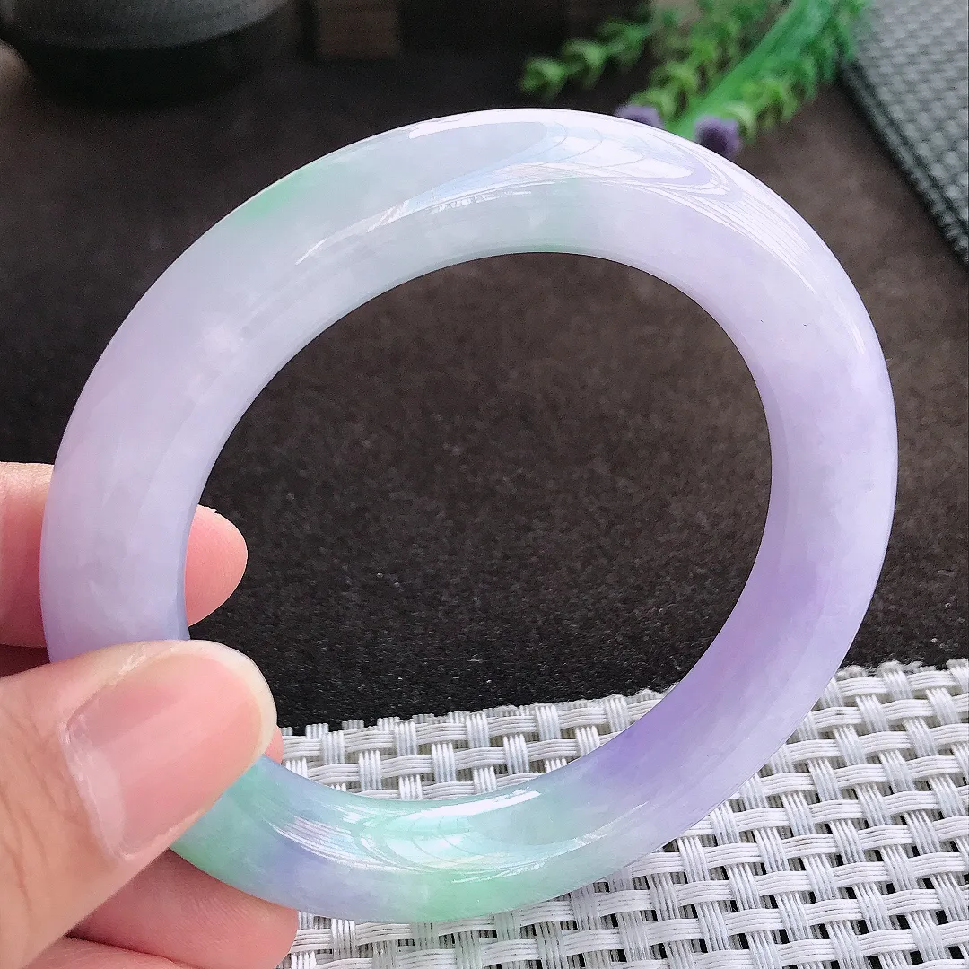 天然a货翡翠58/11.7/11.5老坑精美冰润浓艳紫罗兰春带彩圆条手镯翡翠玉手镯