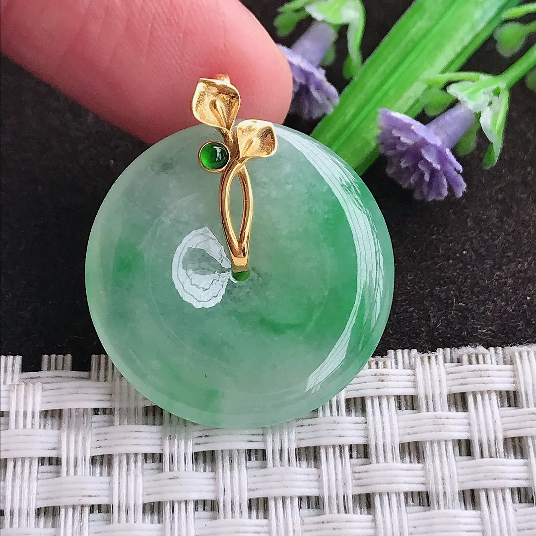 天然a货翡翠24.7/4.2老坑18k金镶嵌冰胶飘阳绿平安扣吊坠天然翡翠玉坠挂件