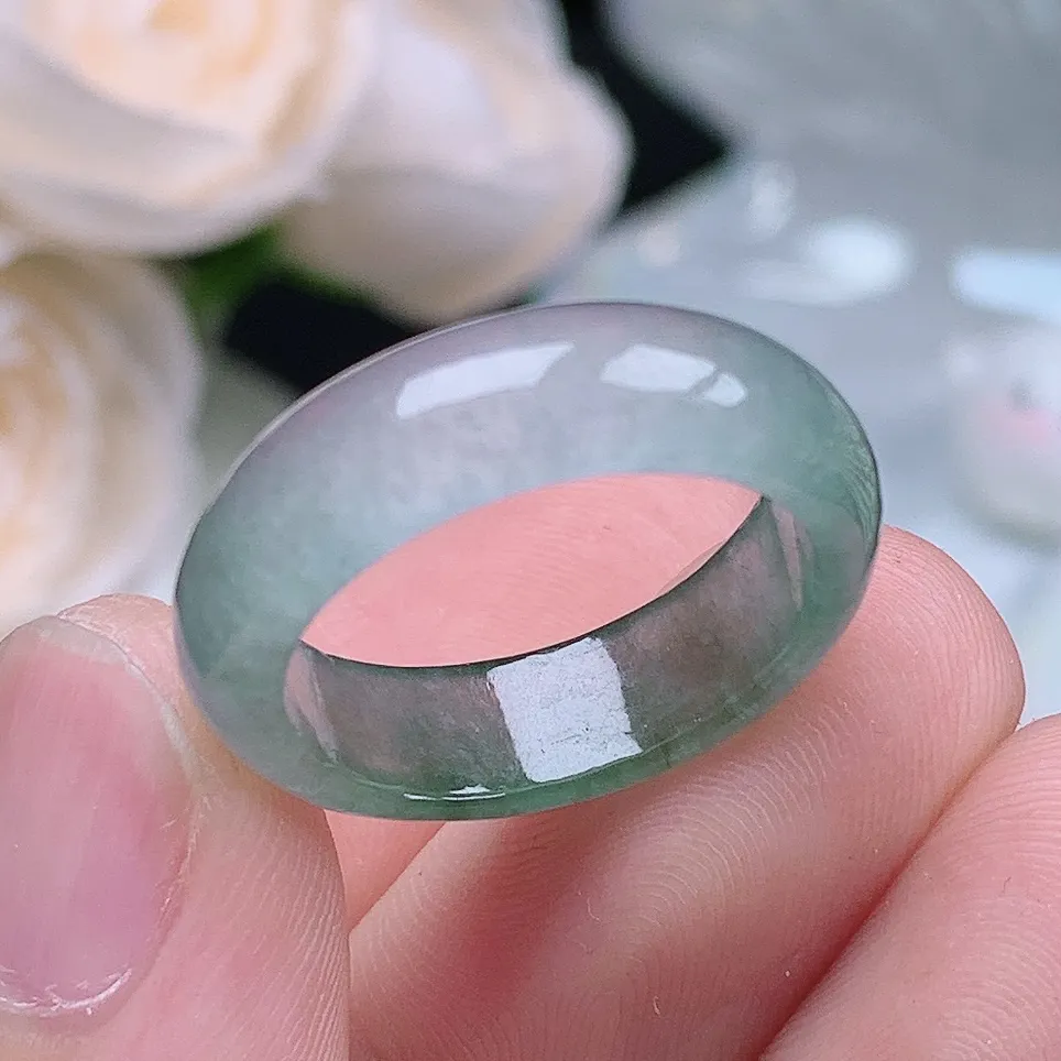 缅甸老坑冰种翡翠水润起胶晴底半山水戒指玉指环  水润通透 尺寸：17.8-6.1-3.2mm 16号圈口6S