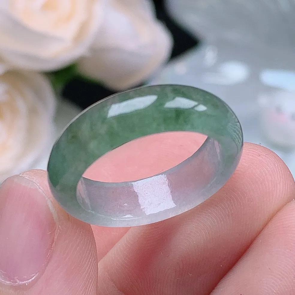 缅甸老坑冰种翡翠水润起胶晴底半山水戒指玉指环  水润通透 尺寸：17.8-6.1-3.2mm 16号圈口6S