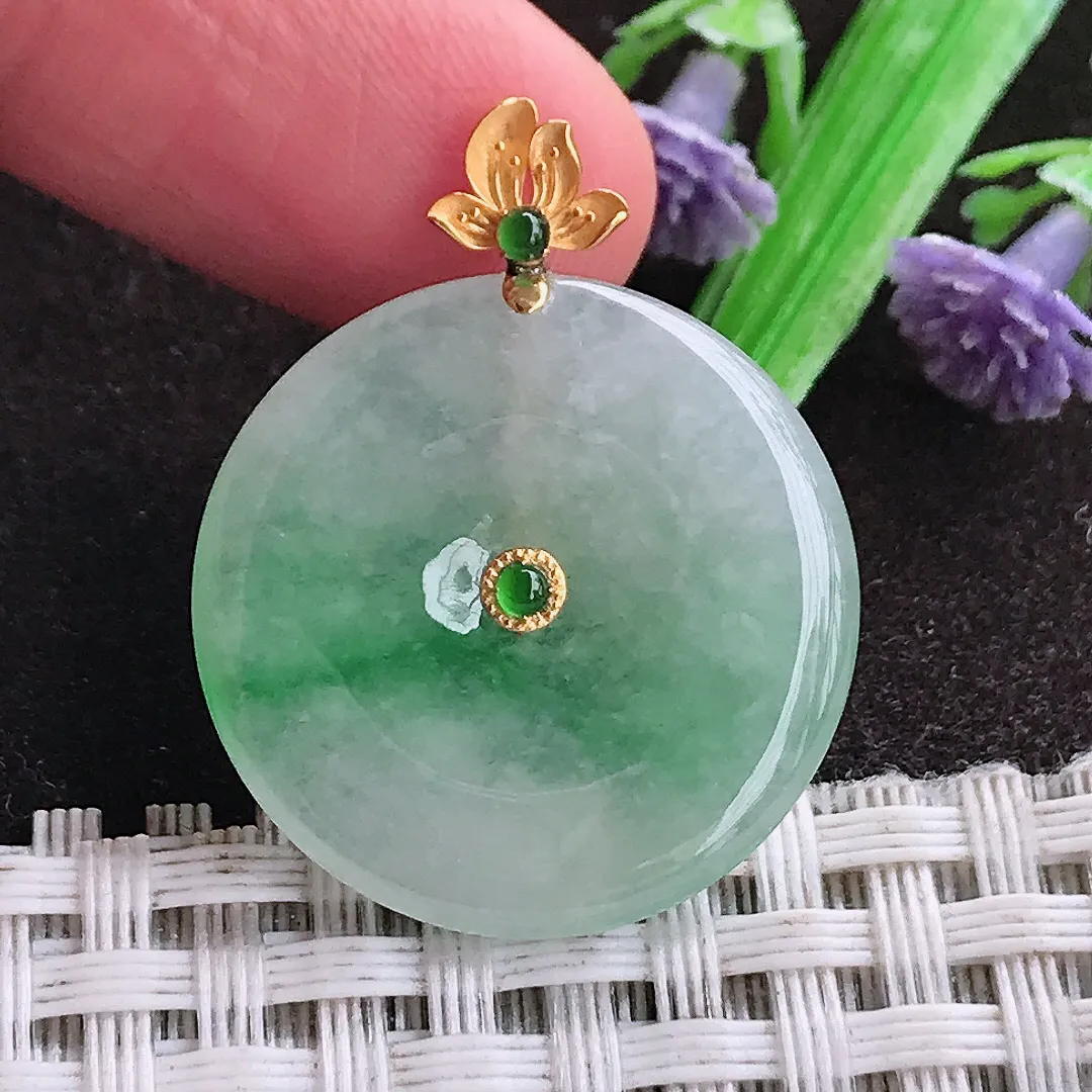 天然a货翡翠24.4/3.8老坑18k金镶嵌冰润飘绿平安扣吊坠天然翡翠玉坠挂件