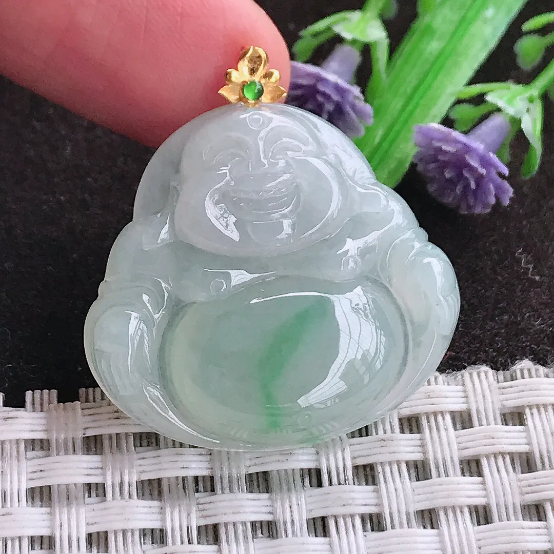 天然a货翡翠27.2/29.8/5.5老坑18k金镶嵌冰润飘花佛公吊坠天然翡翠玉佛挂件