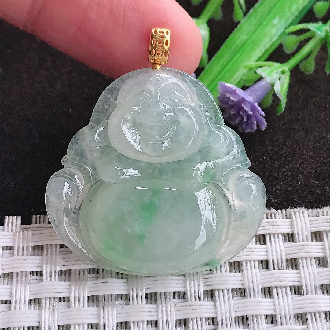 天然a货翡翠30/31.8/5.7老坑18k金镶嵌冰胶水灵飘绿佛公吊坠天然翡翠玉坠挂件