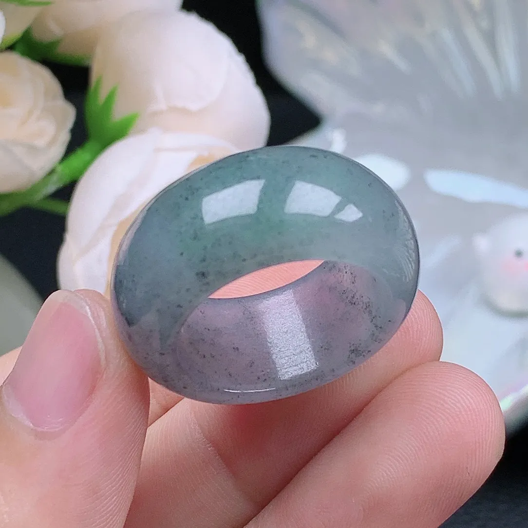 缅甸老坑冰种翡翠水润起胶冰乌鸡宽边轮胎戒指玉指环  水润通透 尺寸：20.1-12.4-5.1mm 23号圈口6S