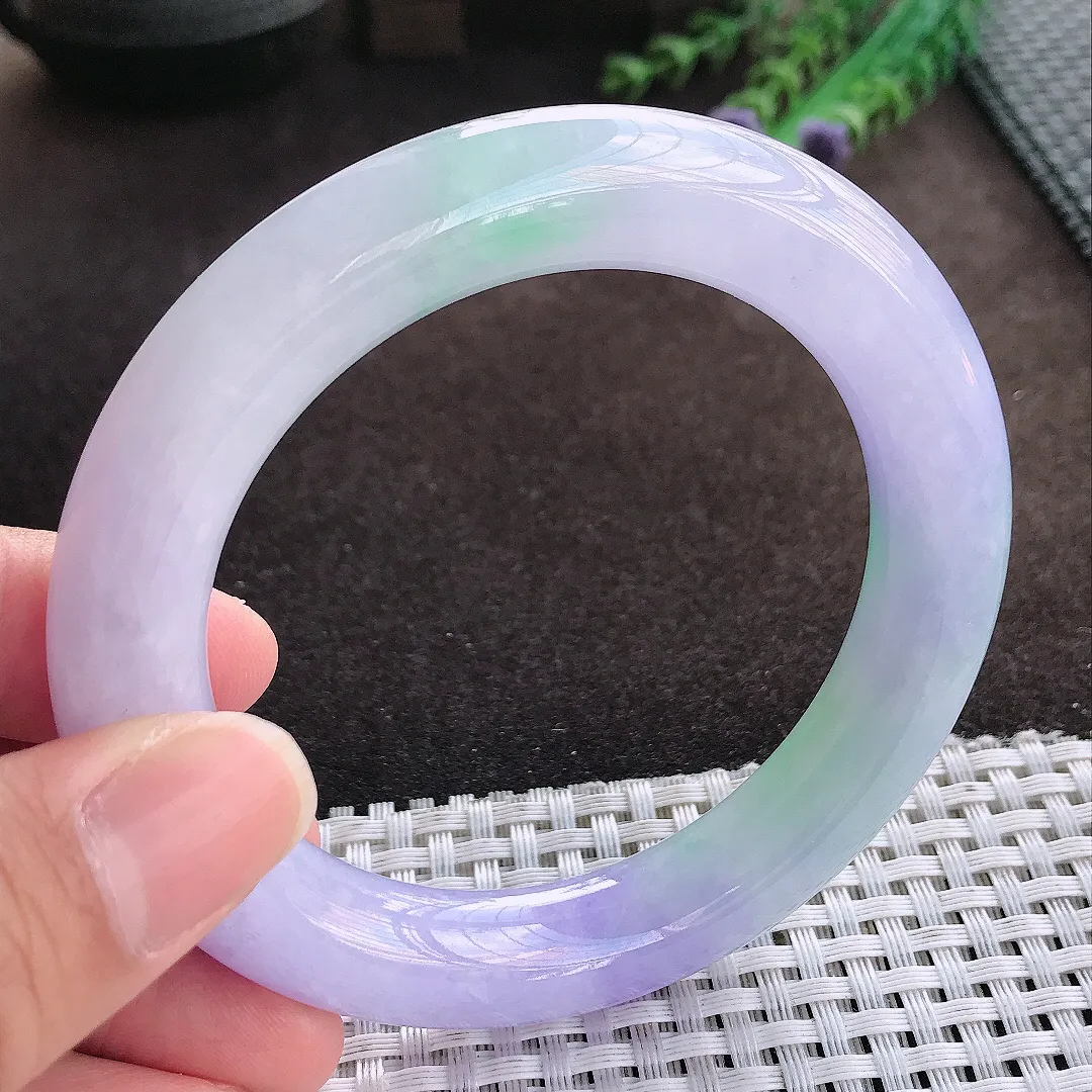天然a货翡翠58/11.7/11.5老坑精美冰润浓艳紫罗兰春带彩圆条手镯翡翠玉手镯