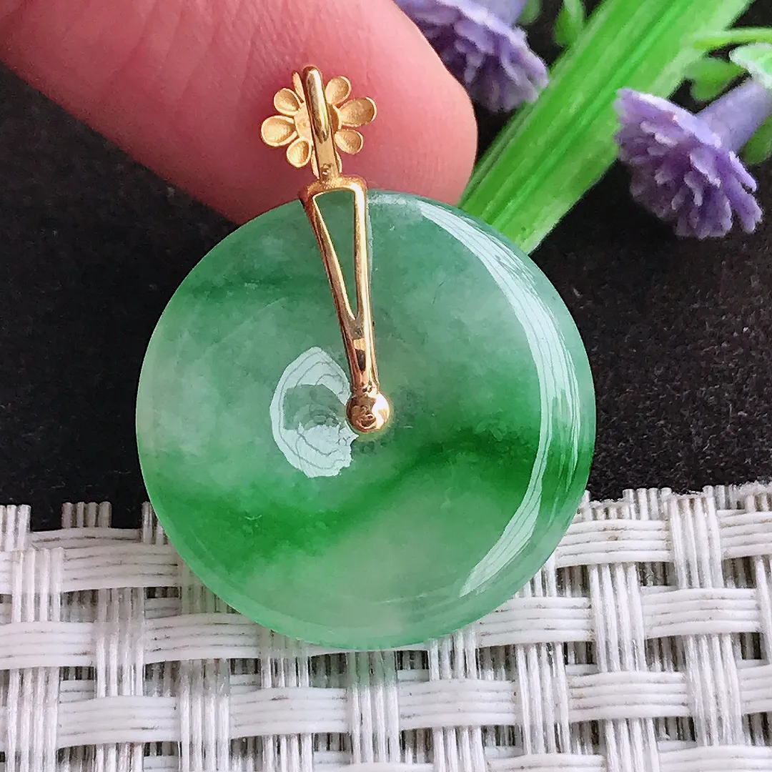 天然a货翡翠22.6/3.7老坑18k金镶嵌冰胶辣阳绿平安扣吊坠天然翡翠玉扣挂件