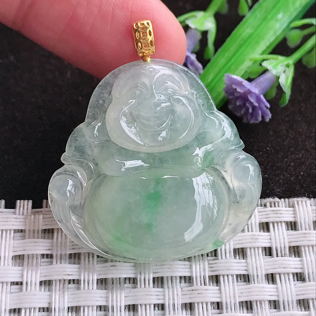 天然a货翡翠30/31.8/5.7老坑18k金镶嵌冰胶水灵飘绿佛公吊坠天然翡翠玉坠挂件