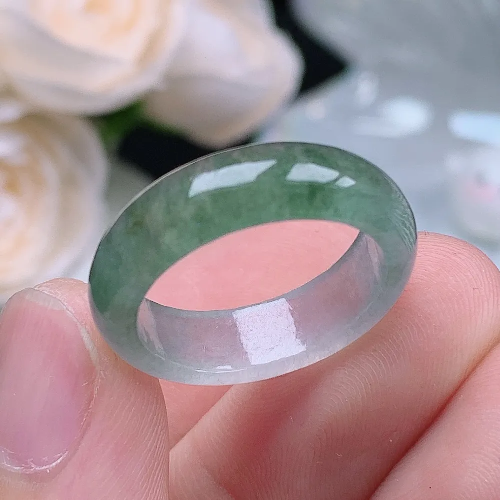 缅甸老坑冰种翡翠水润起胶晴底半山水戒指玉指环  水润通透 尺寸：17.8-6.1-3.2mm 16号圈口6S