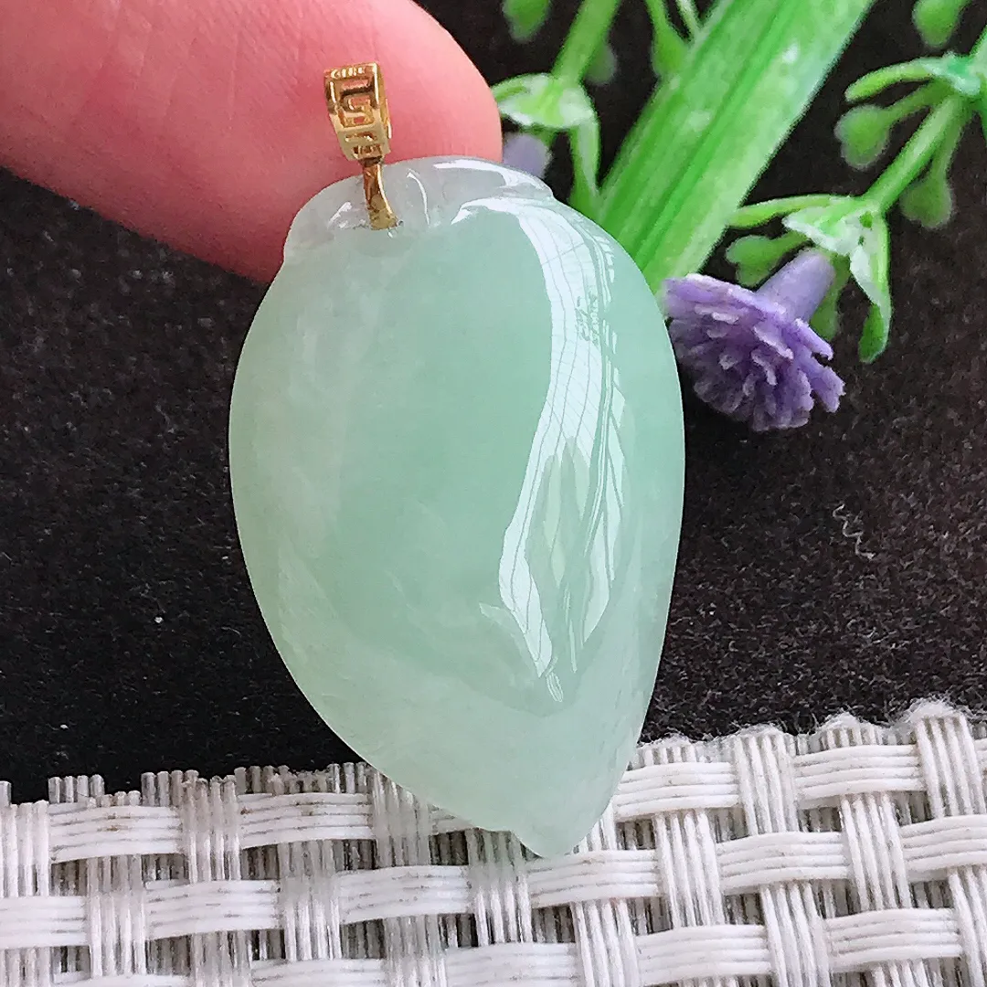 天然a货翡翠31/19.8/9.8老坑18k金镶嵌冰胶水灵冰晴绿桃子吊坠天然翡翠寿桃挂件